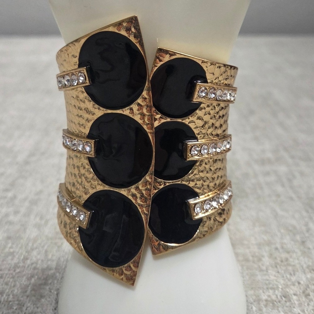 Gold Tone Wide Hammered Cuff Bracelet Black Enamel Rhinestone Hinged Art Deco